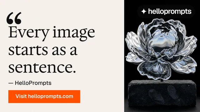 Landscape graphic for HelloPrompts: "Every image starts as a sentence." Swiss style, quote layout, light palette in white, black, grey.