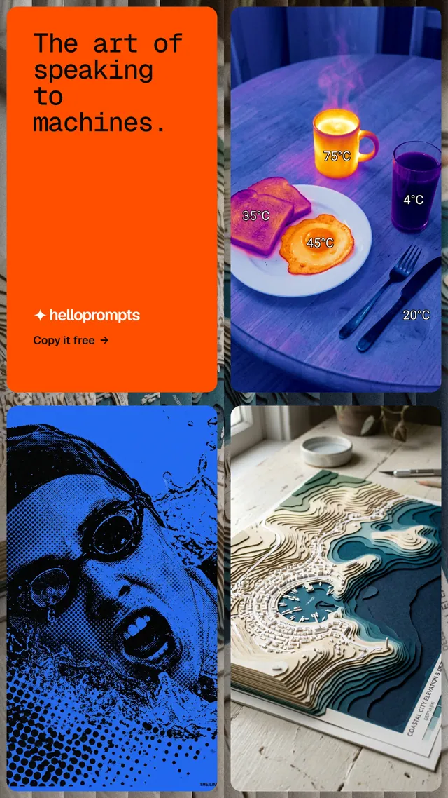Instagram story for HelloPrompts: "The art of speaking to machines." Agentic glass style, collage layout, dark palette in blue, red, grey.