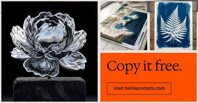 Social ad for HelloPrompts: "Copy it free." Editorial style, collage layout, dark palette in black, brown, grey.