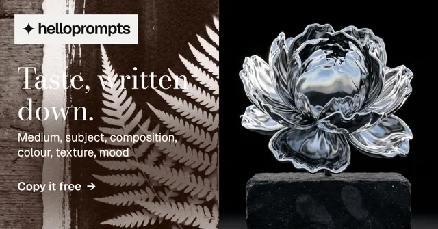 Social ad for HelloPrompts: "Taste, written down." Minimal luxury style, bottom layout, dark palette in grey, black.