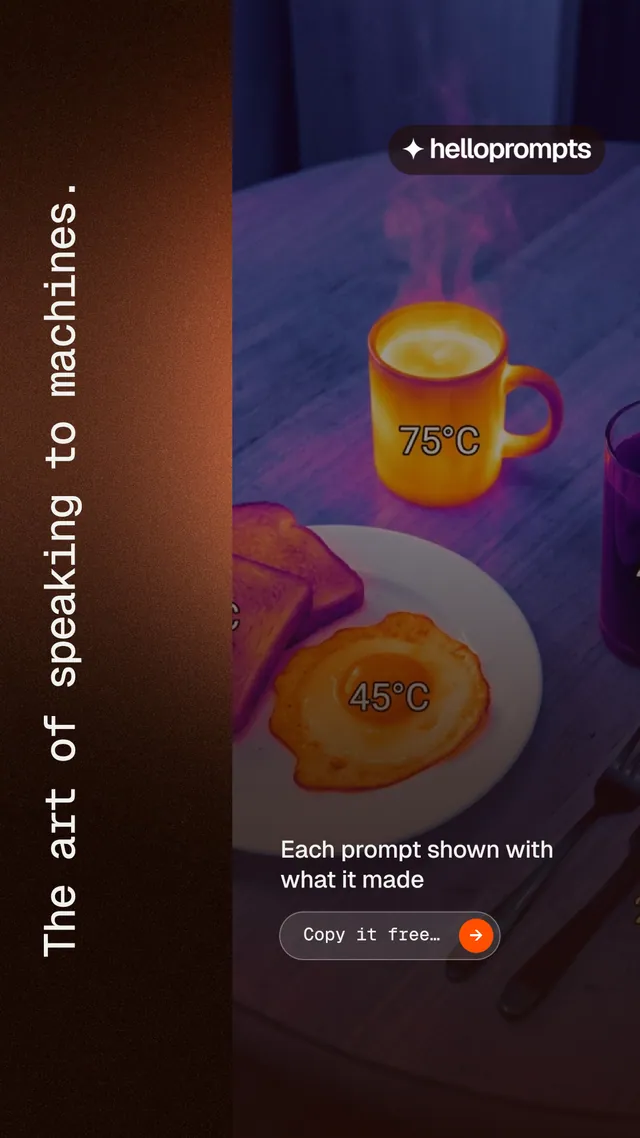 Instagram story for HelloPrompts: "The art of speaking to machines." Agentic glass style, vertical layout, dark palette in purple, black, orange.