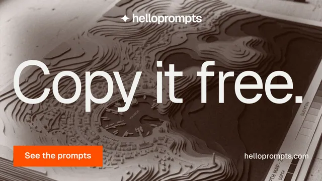 Landscape graphic for HelloPrompts: "Copy it free." Swiss style, poster layout, dark palette in orange, grey.