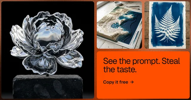 Social ad for HelloPrompts: "See the prompt. Steal the taste." Agentic glass style, collage layout, dark palette in black, orange, grey.