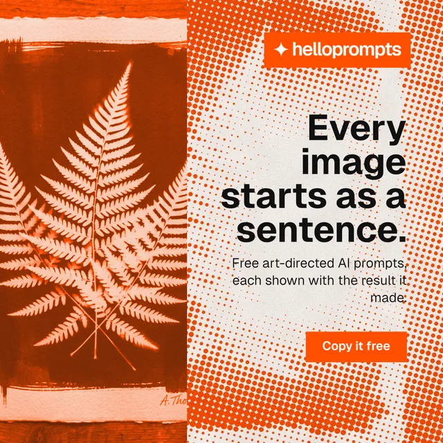 Instagram post for HelloPrompts: "Every image starts as a sentence." Retro print style, right layout, light palette in orange.