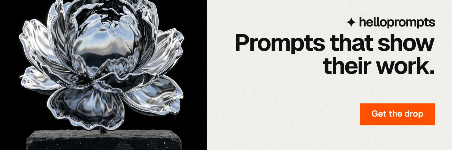 X header for HelloPrompts: "Prompts that show their work." Swiss style, right layout, light palette in white, grey, black.