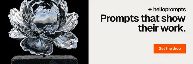 X header for HelloPrompts: "Prompts that show their work." Swiss style, right layout, light palette in white, grey, black.