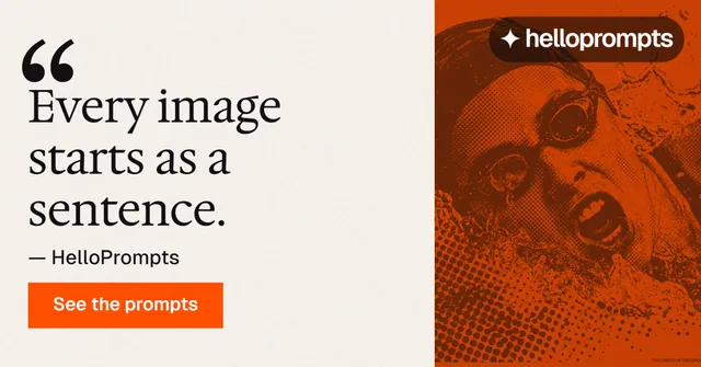 Social ad for HelloPrompts: "The sentence behind the image." Swiss style, quote layout, light palette in white, orange, brown.