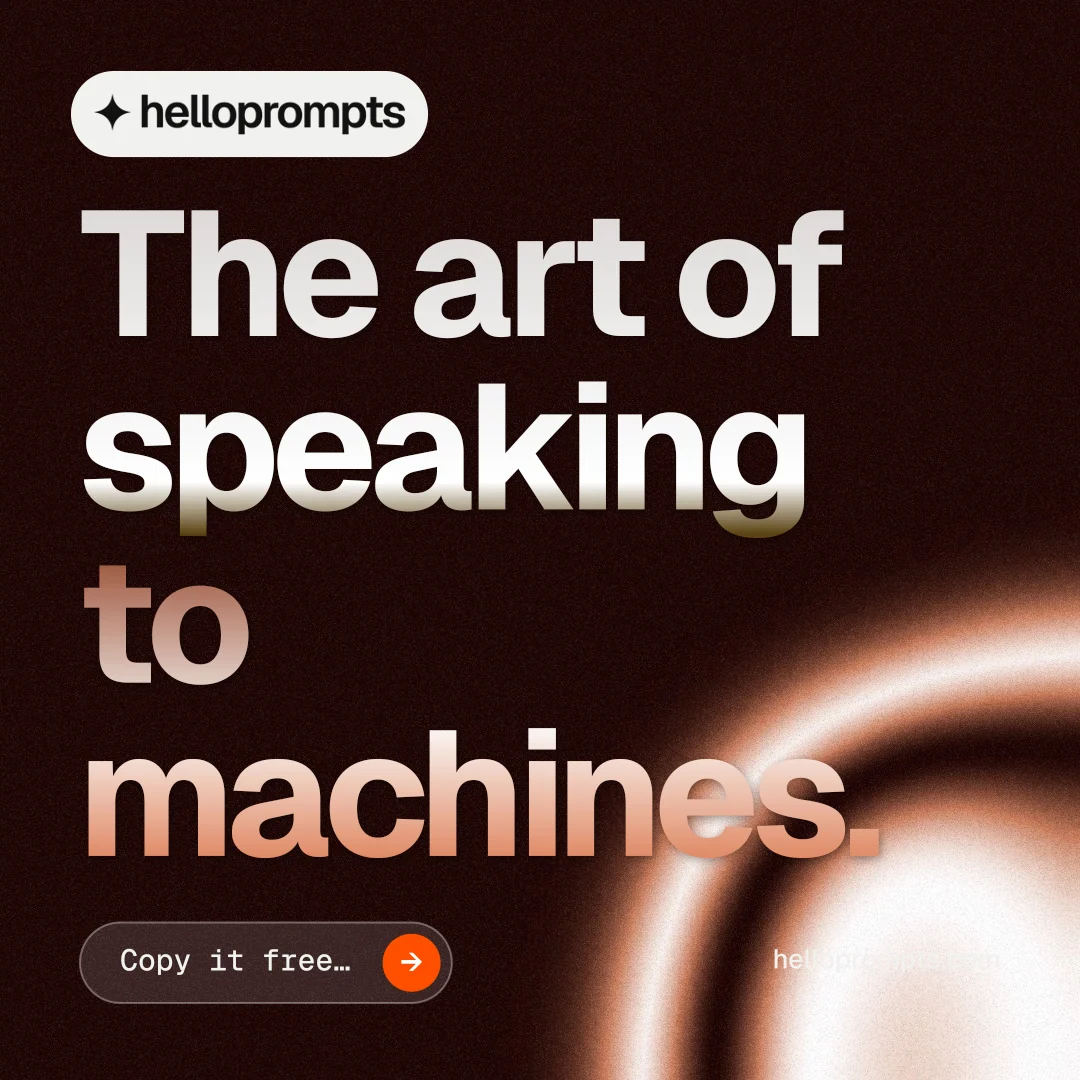 Instagram post for HelloPrompts: "The art of speaking to machines." Agentic glass style, poster layout, dark palette in black, orange.