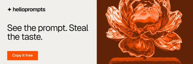X header for HelloPrompts: "See the prompt. Steal the taste." Swiss style, bottom layout, light palette in white, orange.