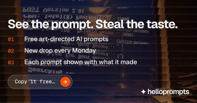 Social ad for HelloPrompts: "See the prompt. Steal the taste." Agentic glass style, numbered layout, dark palette in black, grey.