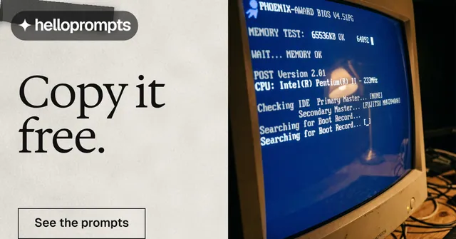 Social ad for HelloPrompts: "Copy it free." Editorial style, bottom layout, light palette in blue, white, grey.