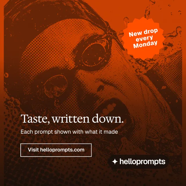Instagram post for HelloPrompts: "Taste, written down." Editorial style, sticker layout, dark palette in black, orange.