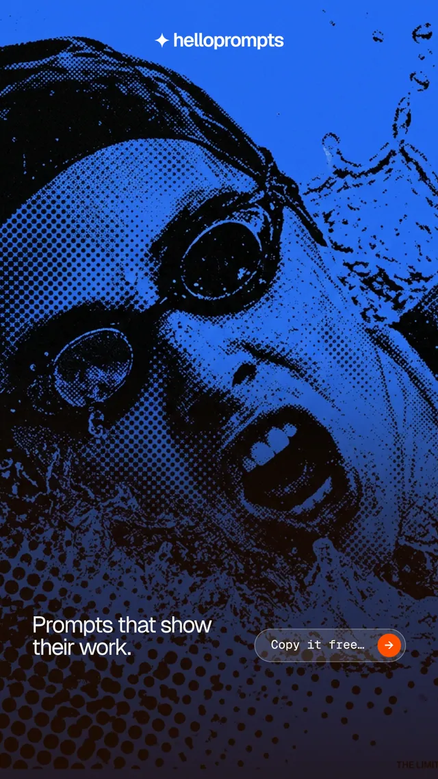 Instagram story for HelloPrompts: "Prompts that show their work." Agentic glass style, image led layout, dark palette in blue, purple, black.