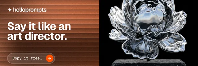 X header for HelloPrompts: "Say it like an art director." Agentic glass style, bottom layout, dark palette in orange, black, grey.