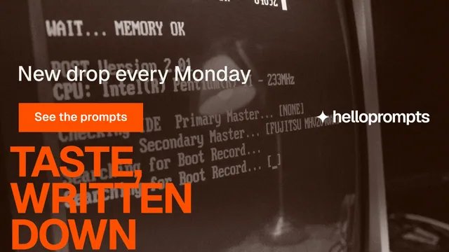 Landscape graphic for HelloPrompts: "Taste, written down." Swiss style, oversized layout, dark palette in orange, brown, black.