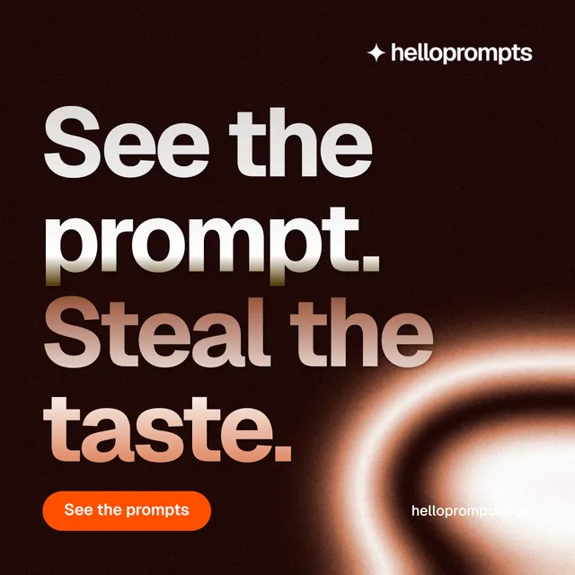 Instagram post for HelloPrompts: "See the prompt. Steal the taste." Y2K style, poster layout, dark palette in black, orange.
