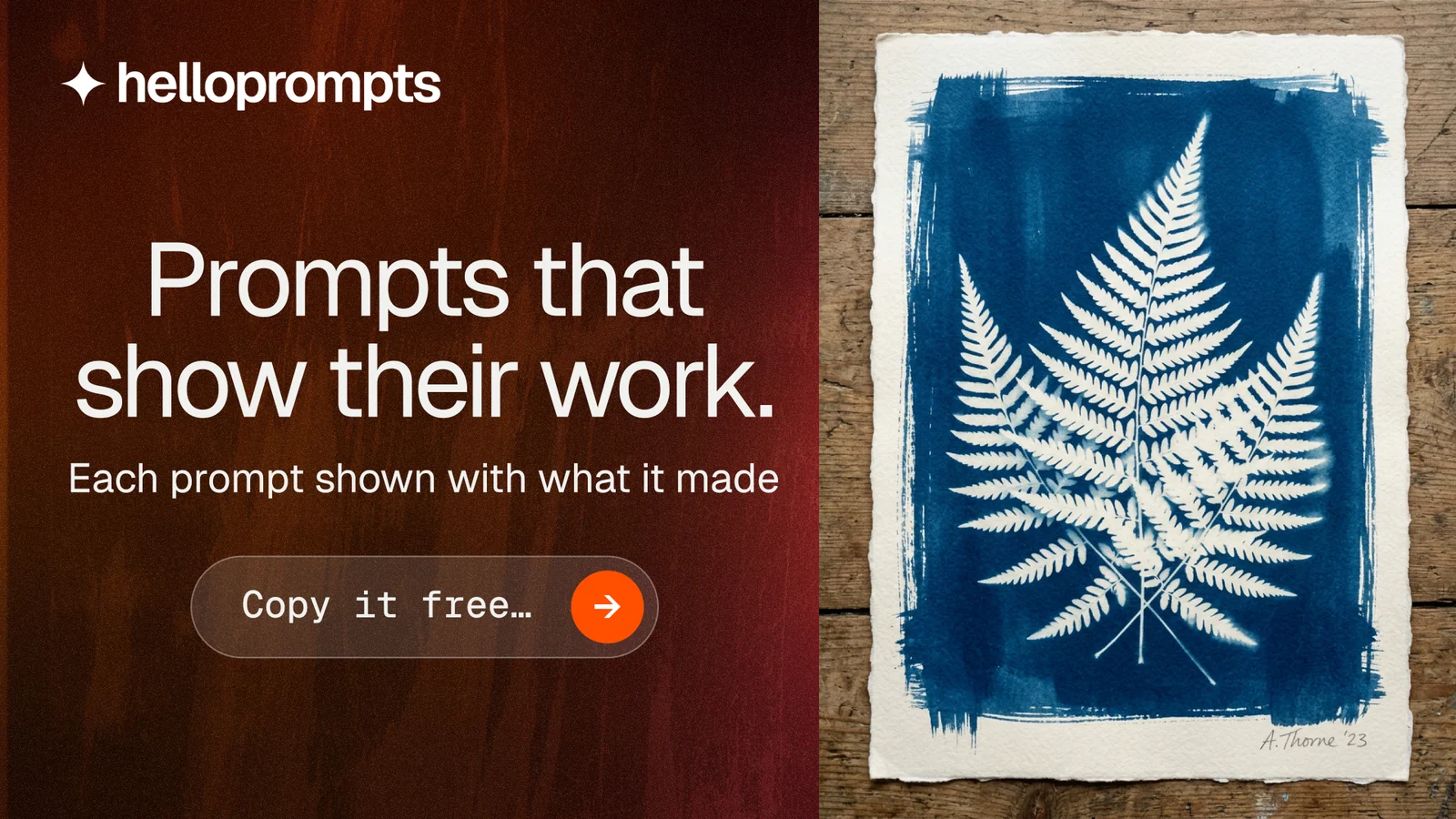Landscape graphic for HelloPrompts: "Prompts that show their work." Agentic glass style, skeleton layout, dark palette in grey, red.