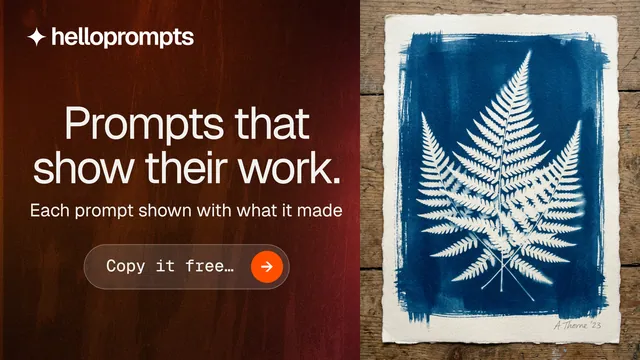 Landscape graphic for HelloPrompts: "Prompts that show their work." Agentic glass style, skeleton layout, dark palette in grey, red.