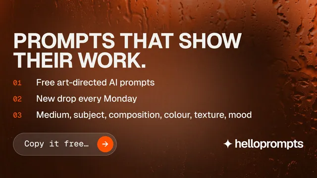 Landscape graphic for HelloPrompts: "Prompts that show their work." Agentic glass style, numbered layout, dark palette in black, orange.