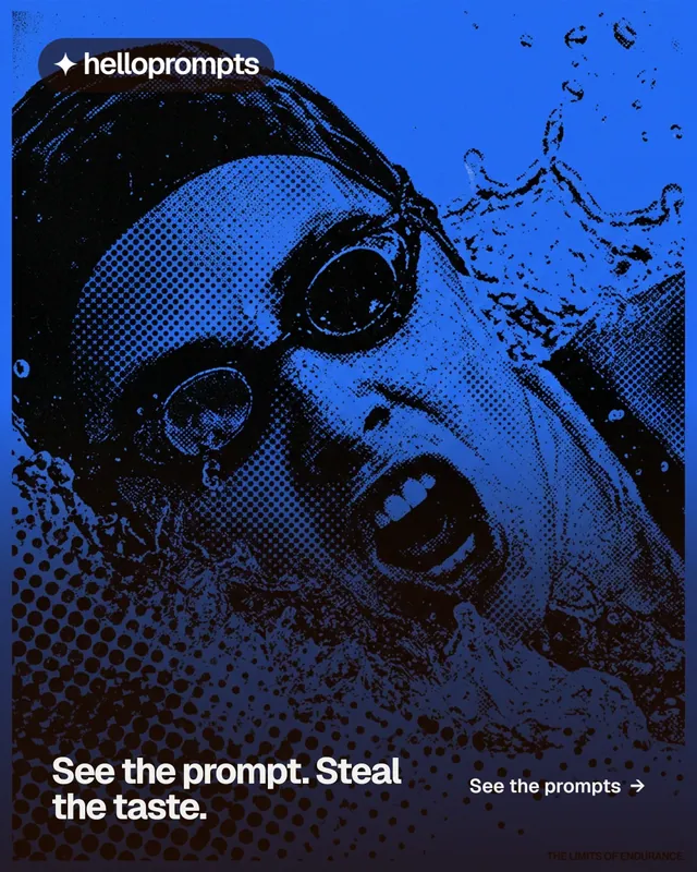 Instagram portrait post for HelloPrompts: "See the prompt. Steal the taste." Swiss style, image led layout, dark palette in blue, black.