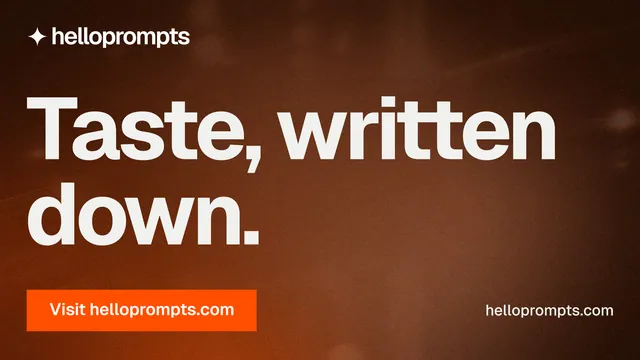 Landscape graphic for HelloPrompts: "Taste, written down." Swiss style, poster layout, dark palette in orange, black, brown.