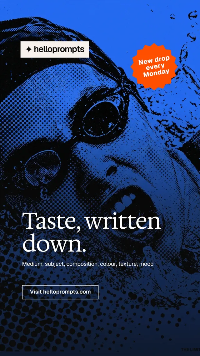 Instagram story for HelloPrompts: "Taste, written down." Editorial style, sticker layout, dark palette in blue, black.