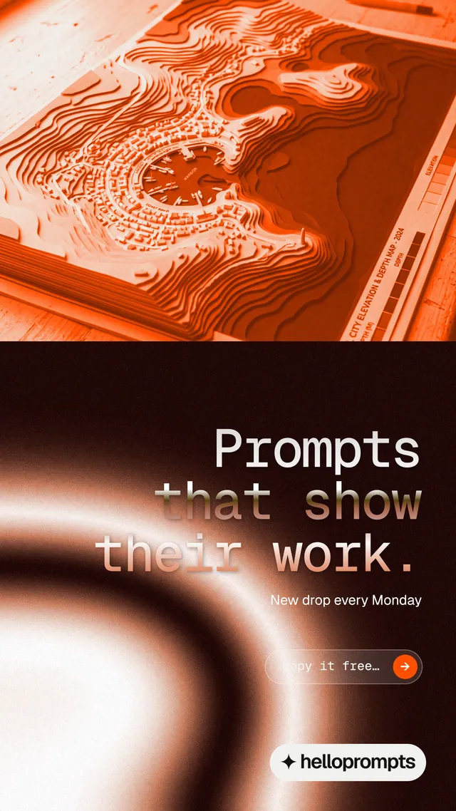 Instagram story for HelloPrompts: "Prompts that show their work." Agentic glass style, right layout, dark palette in black, orange.