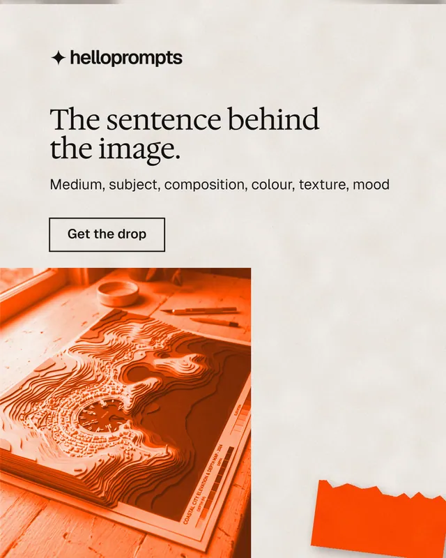 Instagram portrait post for HelloPrompts: "The sentence behind the image." Editorial style, skeleton layout, light palette in orange.