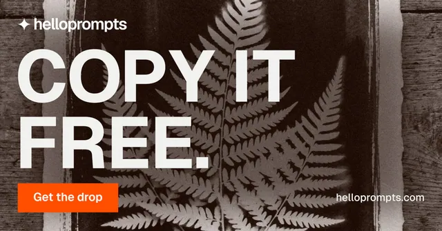 Social ad for HelloPrompts: "Copy it free." Swiss style, poster layout, dark palette in orange, black, grey.