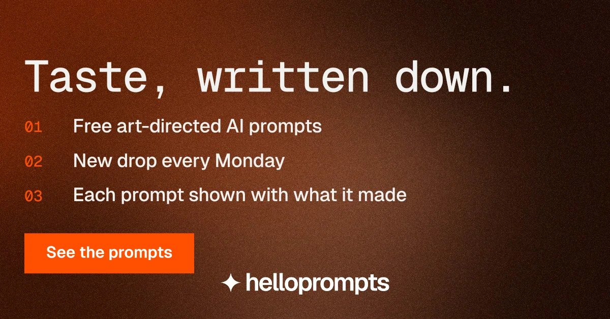 Social ad for HelloPrompts: "Taste, written down." Swiss style, numbered layout, dark palette in orange, black, brown.