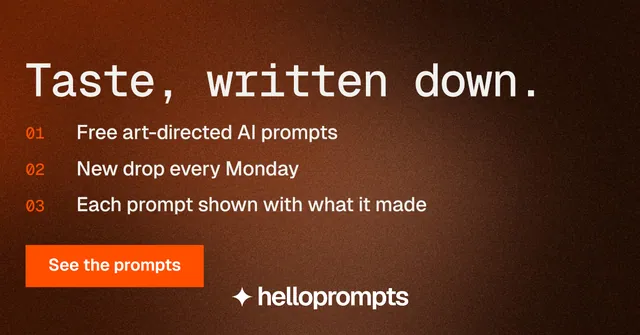 Social ad for HelloPrompts: "Taste, written down." Swiss style, numbered layout, dark palette in orange, black, brown.