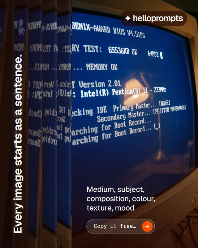 Instagram portrait post for HelloPrompts: "Every image starts as a sentence." Agentic glass style, vertical layout, dark palette in black, blue, grey.