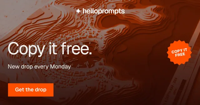 Social ad for HelloPrompts: "Copy it free." Swiss style, sticker layout, dark palette in orange, red.