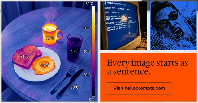 Social ad for HelloPrompts: "Every image starts as a sentence." Editorial style, collage layout, dark palette in blue, red, grey.