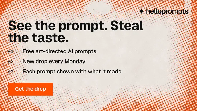 Landscape graphic for HelloPrompts: "See the prompt. Steal the taste." Swiss style, numbered layout, light palette in orange.