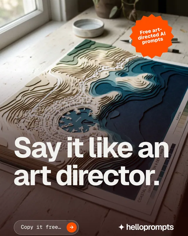 Instagram portrait post for HelloPrompts: "Say it like an art director." Agentic glass style, sticker layout, dark palette in black, red, grey.