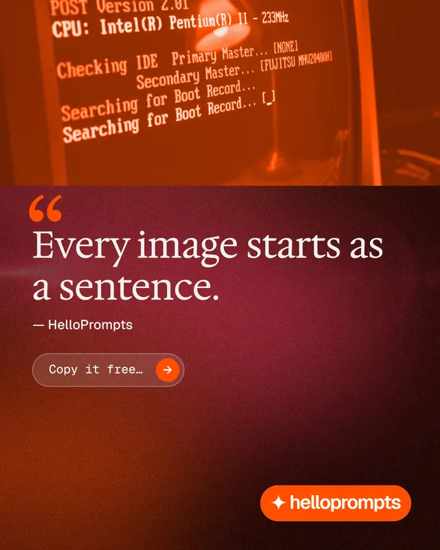 Instagram portrait post for HelloPrompts: "Prompts that show their work." Agentic glass style, quote layout, dark palette in red, orange.