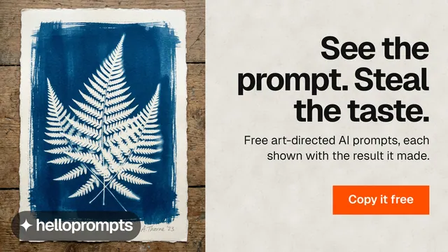 Landscape graphic for HelloPrompts: "See the prompt. Steal the taste." Swiss style, right layout, light palette in white, blue, grey.