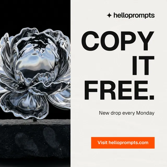 Instagram post for HelloPrompts: "Copy it free." Swiss style, right layout, light palette in white, black, grey.