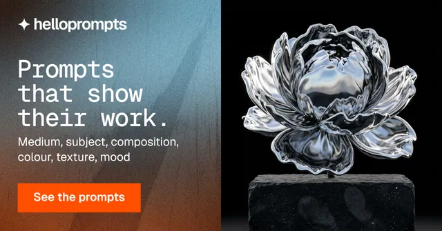 Social ad for HelloPrompts: "Prompts that show their work." Swiss style, bottom layout, dark palette in black, orange, grey.