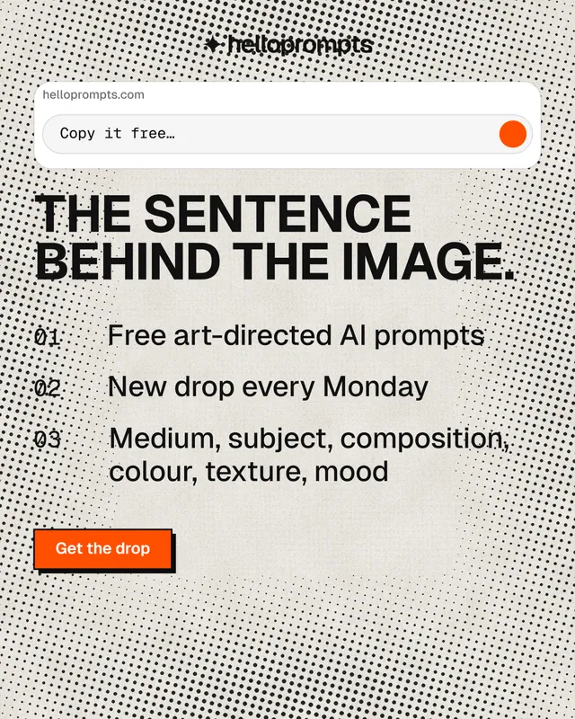 Instagram portrait post for HelloPrompts: "The sentence behind the image." Brutalist style, numbered layout, light palette in grey, white.