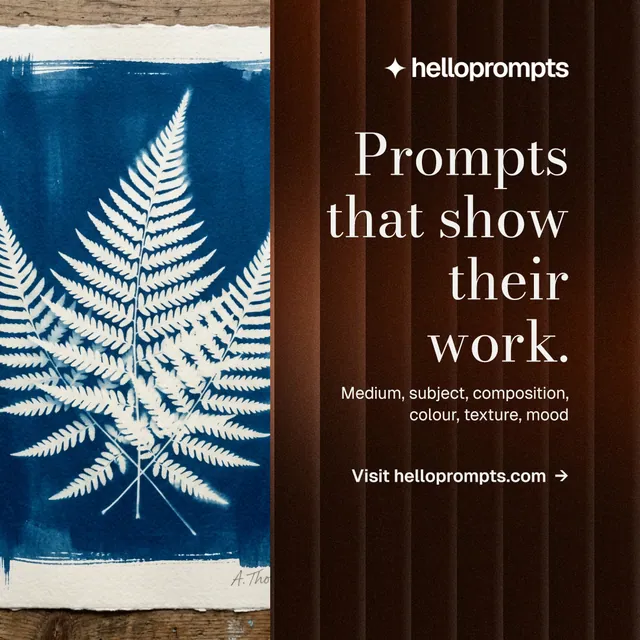Instagram post for HelloPrompts: "Prompts that show their work." Minimal luxury style, right layout, dark palette in blue, grey, black.