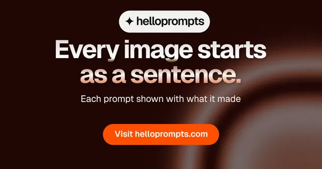 Social ad for HelloPrompts: "Every image starts as a sentence." Y2K style, centred layout, dark palette in black, orange, red.