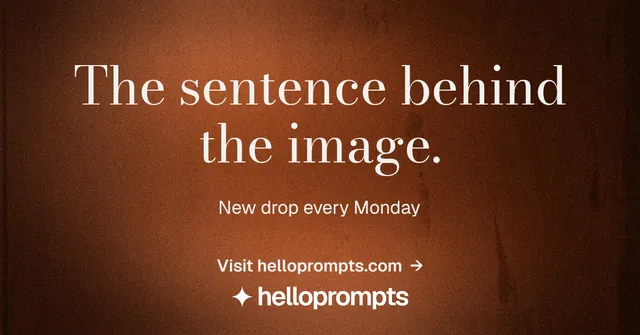 Social ad for HelloPrompts: "The sentence behind the image." Minimal luxury style, centred layout, dark palette in orange, black, brown.