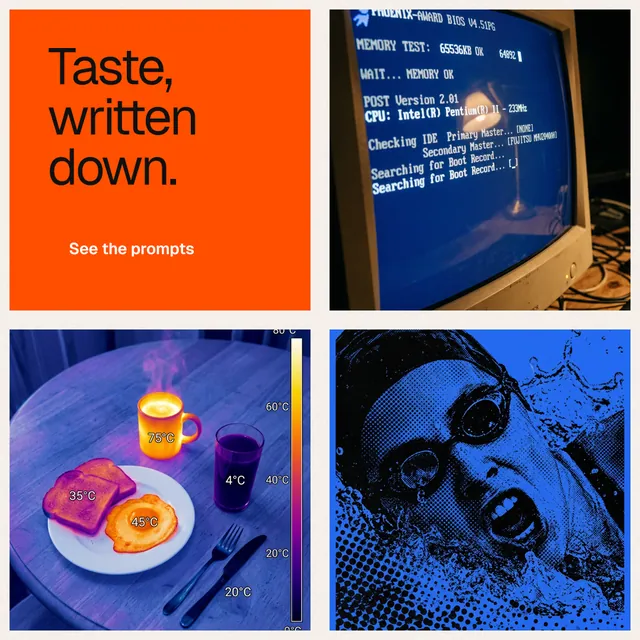 Instagram post for HelloPrompts: "Taste, written down." Swiss style, collage layout, dark palette in blue, red, grey.