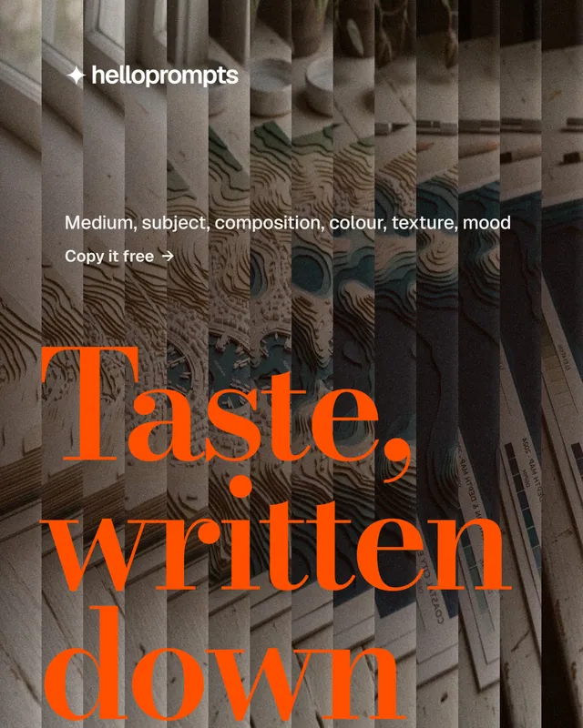 Instagram portrait post for HelloPrompts: "Every image starts as a sentence." Minimal luxury style, oversized layout, dark palette in orange, black, grey.