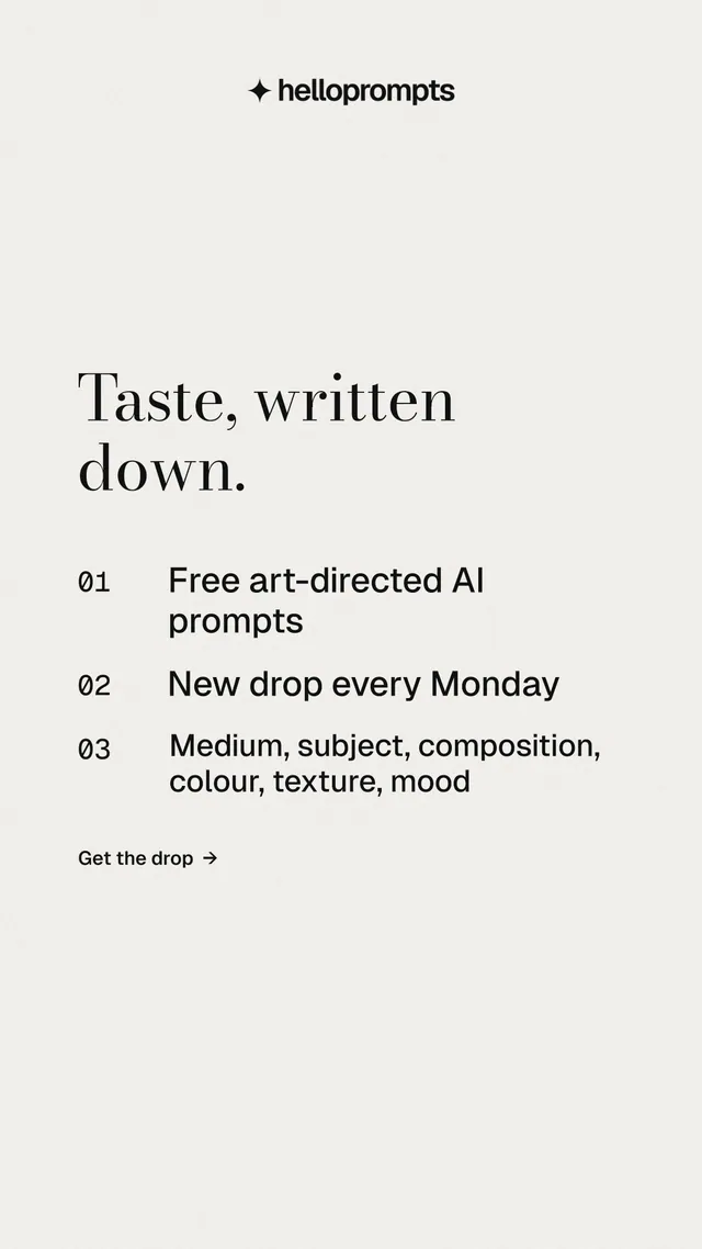 Instagram story for HelloPrompts: "Taste, written down." Minimal luxury style, numbered layout, light palette in white, grey.