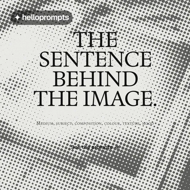 Instagram post for HelloPrompts: "The sentence behind the image." Swiss style, smallcaps layout, light palette in grey, white.