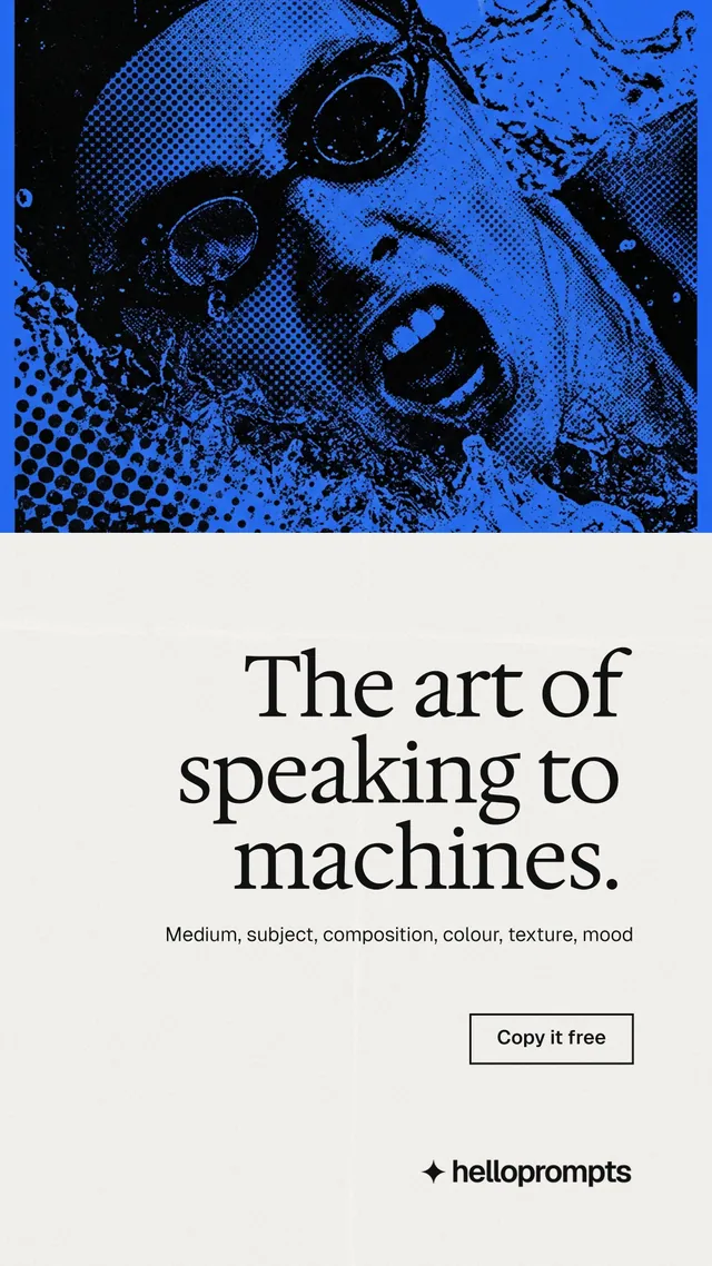 Instagram story for HelloPrompts: "The art of speaking to machines." Editorial style, right layout, light palette in white, blue.