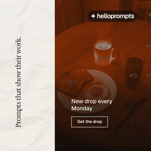 Instagram post for HelloPrompts: "Prompts that show their work." Editorial style, vertical layout, light palette in orange, black, yellow.